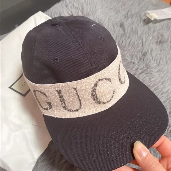 Gucci Black Canvas White Headband Cabardine Hat XL new with stained on the edge ?️ Auth GUCCI Black Off White GABARDINE LOGO Unisex  main image 2